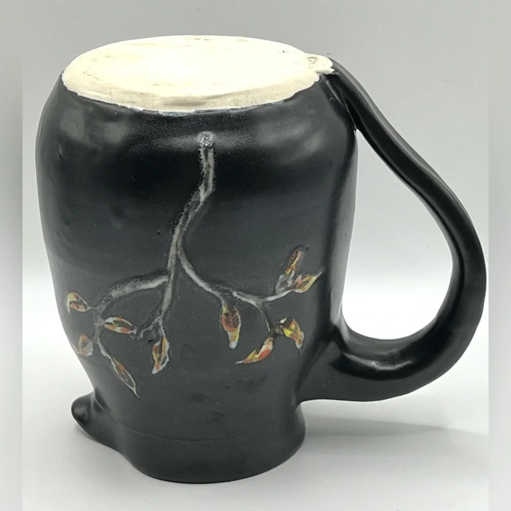 Studio Art Pottery Ceramic Black Pitcher Floral Design Heavy Decorative Vase 5.5